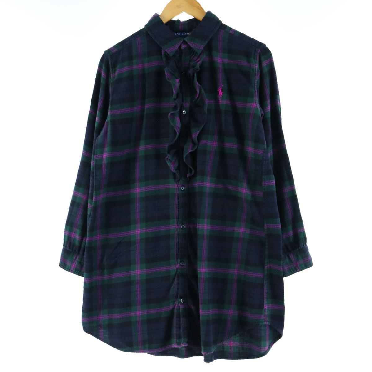 ラルフローレン Ralph Lauren チェック柄 フリル付き ロング丈 フランネルシャツ レディースm Eaa 0418 Ss09 ネルシャツ 古着屋jam ジャム