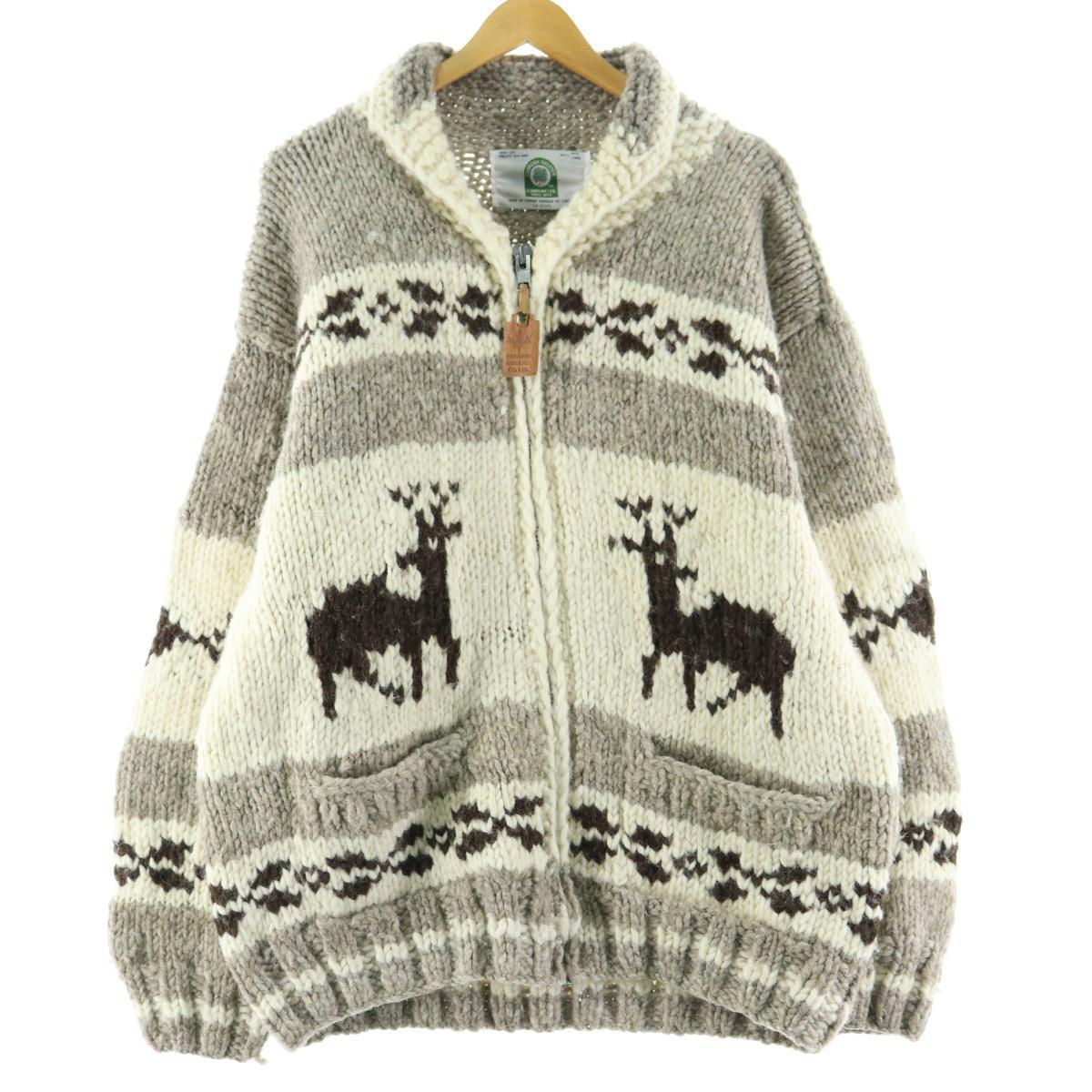 CANADIAN SWEATER 総柄 トナカイ柄 HAND KNIT ハンドニット カウチンセーター カナダ製 メンズXL