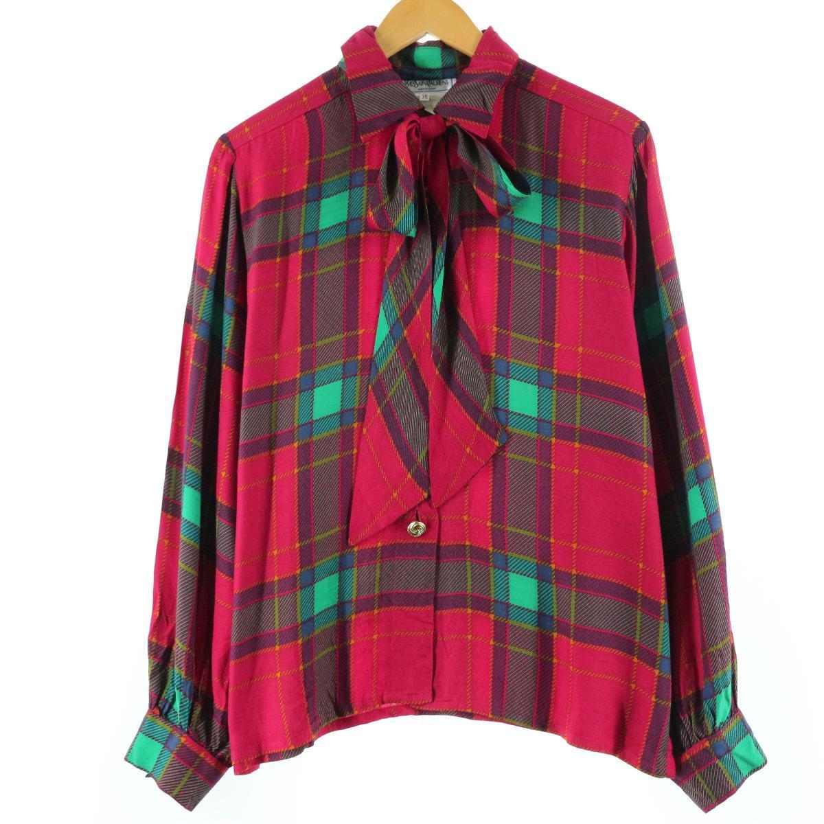 80年代 イヴサンローラン Yves Saint Laurent チェック柄 タイ付き 長袖 ブラウス フランス製 レディースl ヴィンテージ Eaa ブラウス 古着屋jam ジャム