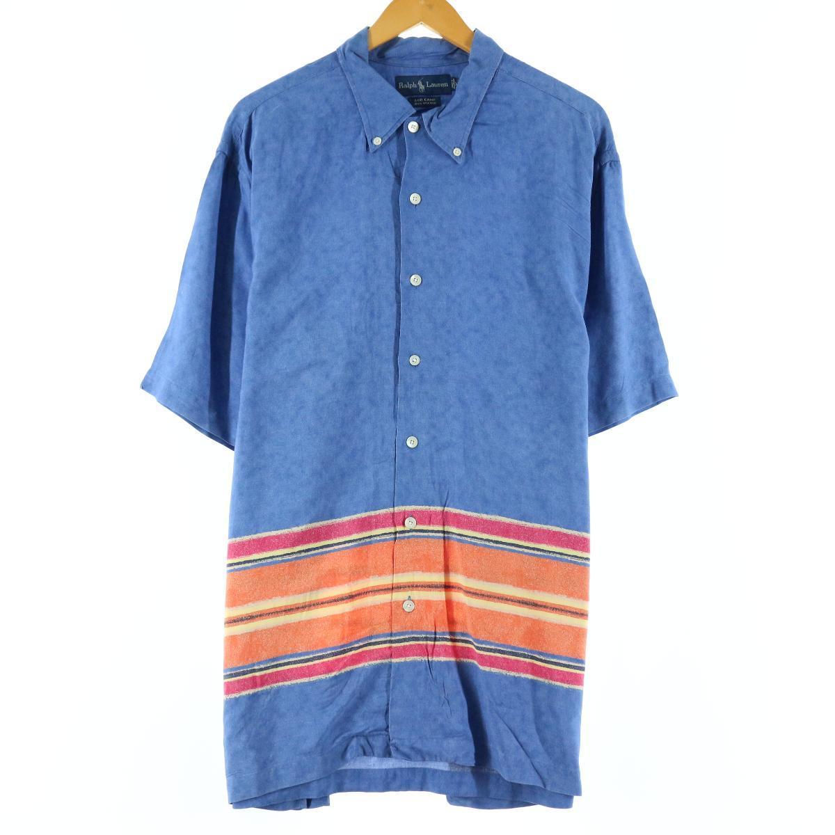 ラルフローレン Ralph Lauren ボーダー柄 ボタンダウン ビスコース ハワイアンアロハシャツ メンズXL /eaa150403 【中古】 【210418】