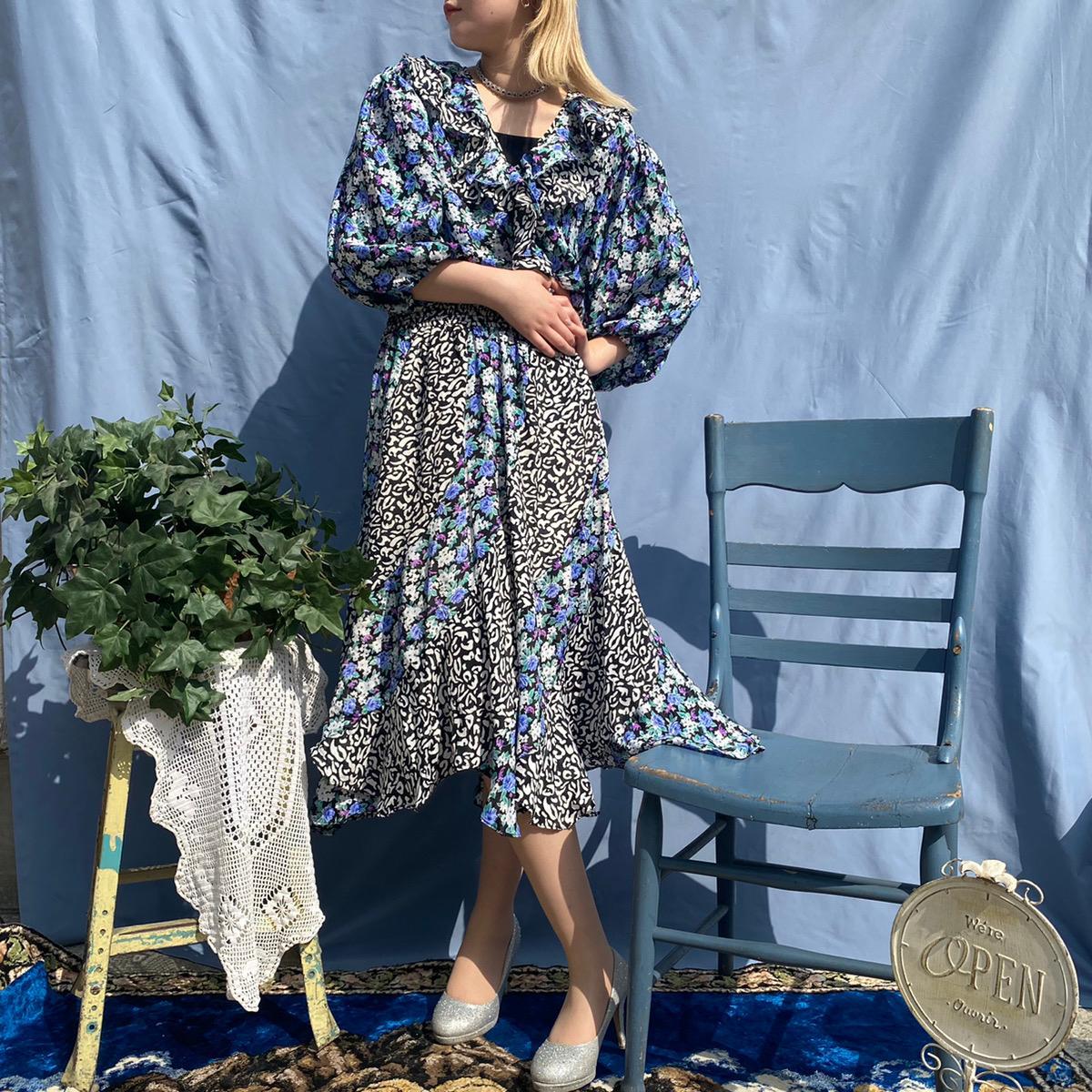 古着 80年代 Unknown 花柄 総柄 七分袖 フレア ワンピース Usa製 レディースm ヴィンテージ Eaa エルル0401 2403 フレアワンピース 古着屋jam ジャム