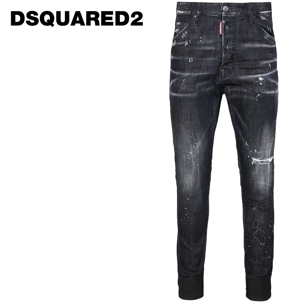 DSQUARED2 (ディースクエアード) リラックス ロング クロッチ ジーンズ  S71LB1084 RELAX LONG CROTCH JEANS  ブラック ダメージ リペア デニム パンツ スリムフィット ペイント イタリア製