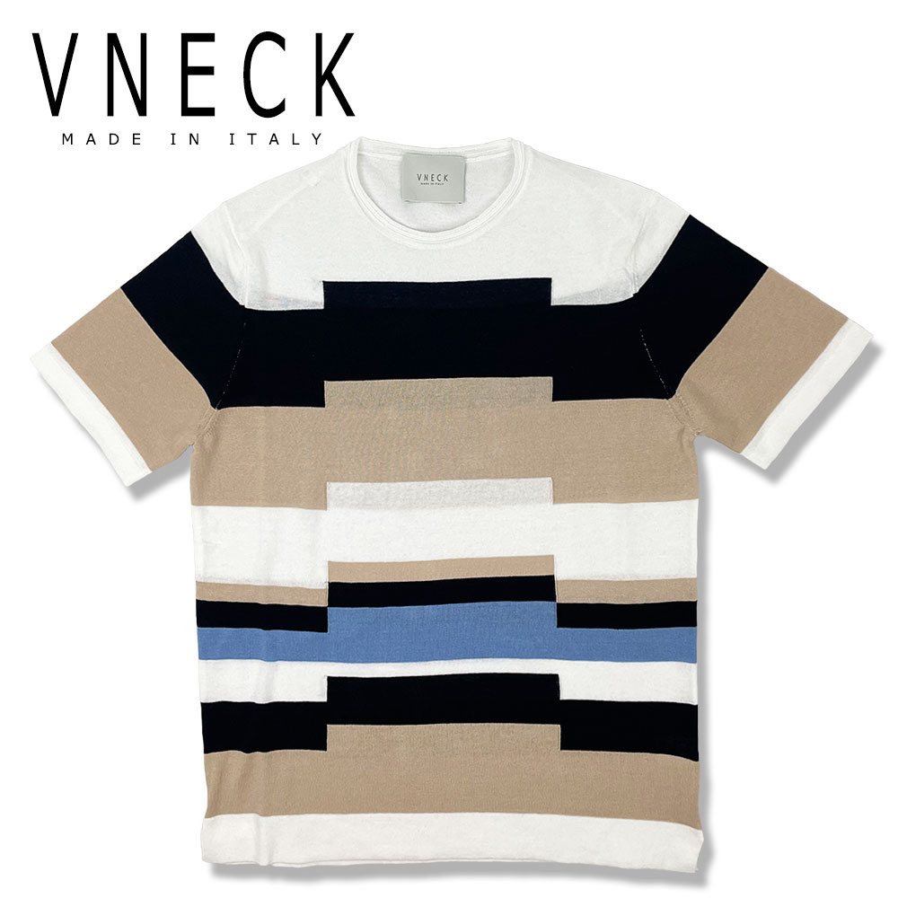 【60%OFF】VNECK (ヴイネック) ボーダー コットン ニット Tシャツ [メンズ] VN045032 【MLT／46・48・50サイズ】 マルチカラー 半袖 クルーネック サマーニット イタリア製【メール便対応】のサムネイル