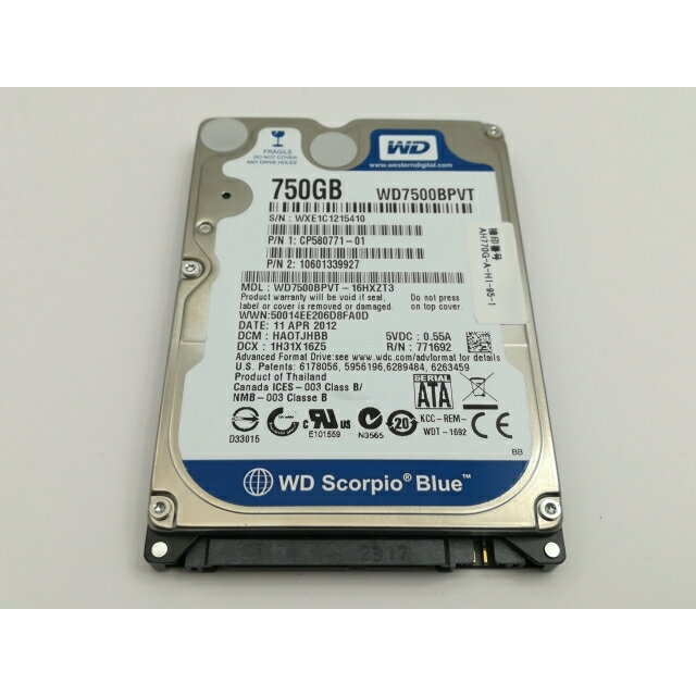 【中古】W.D. Blue WD7500BPVT 750GB/5400rpm/3