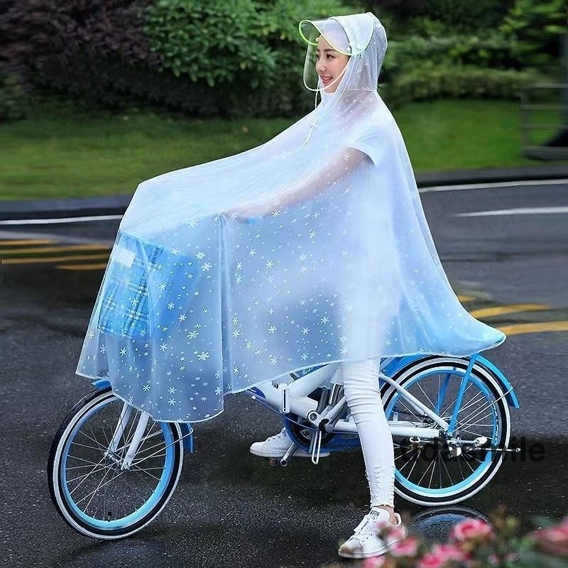 レインポンチョ 厚手レインコート自転車用 男女兼用フリーサイズ 半透明 雪結晶模様入り かわいいサイクルレインウェア