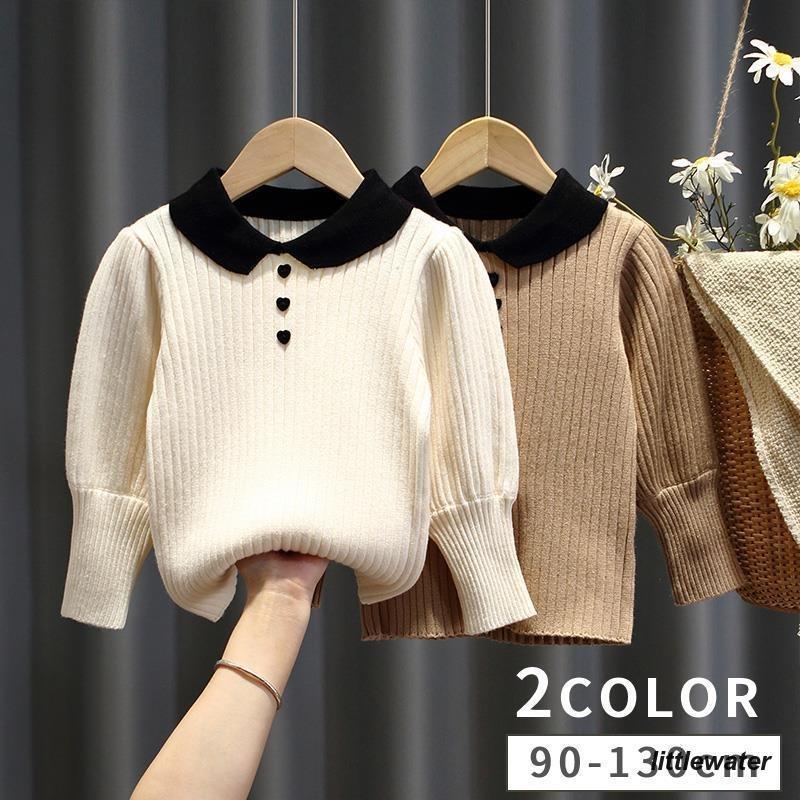 ニット 長袖 キッズ 子供服 ベビー 女の子 トップス 襟付き ボタン ハート プルオーバー リブニット か..