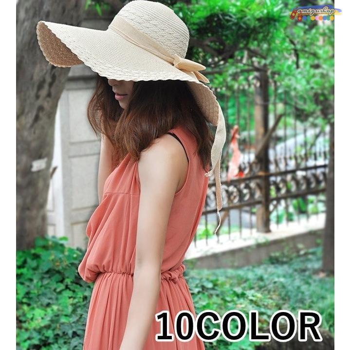 麦わら帽子 ストローハット 女優帽 つば広ハット つば広帽 UV対策 紫外線防止 日よけ帽子 リボン付き帽子 夏 レディース リボン付き帽子 HAT