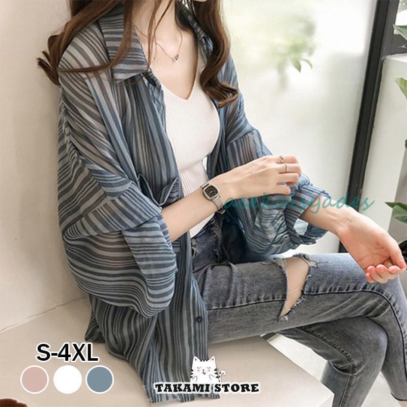 ロングシャツ ブラウス レディース トップス UVカット シフォンシャツ ロング丈 薄手アウター シャツブラウス ゆったり 体型カバー ドルマン 大きいサイズ(4.0)