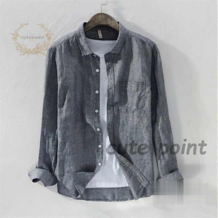 リネンシャツ メンズ 長袖 無地 麻混シャツ カジュアルシャツ 夏シャツ 通勤 開襟 ワイシャツ トップス ワークシャツ おしゃれ リネン 麻 夏物 父の日