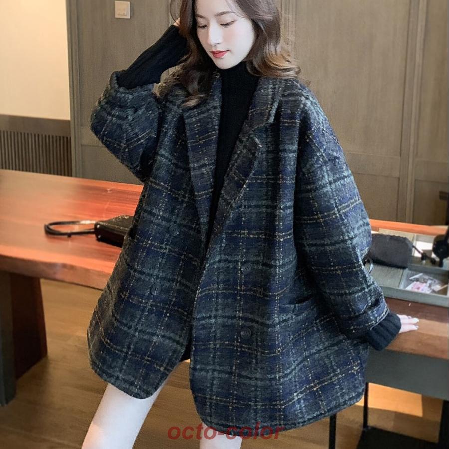チェック柄 コート アウター ブルゾン ミディアム丈 長袖 襟付き ストレート ポケット 前開き 厚手 かわいい 大人可愛い カジュアル 大人 おしゃれ レトロ