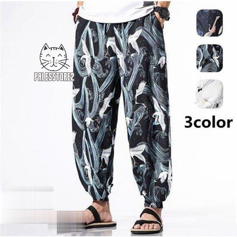 メンズ ガウチョパンツ サルエルパンツ テーパードパンツ 鶴 ロングパンツ 和柄 アニマル ゆったり リ..