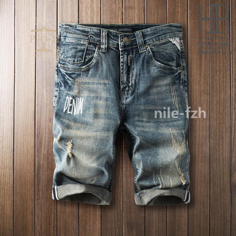 デニムシャツ ハーフパンツ メンズ 英文字 ストレッチ プリント 短パン ユーズド ダメージ 色落ち おしゃれ ハーフパンツ ジーンズ 夏