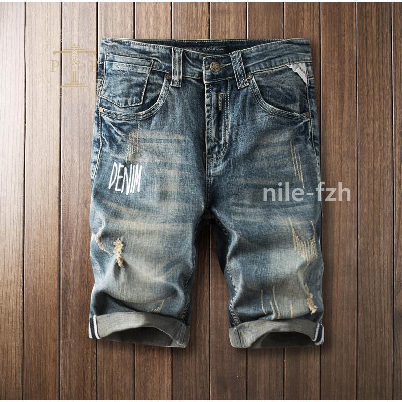 デニムシャツ ハーフパンツ メンズ 英文字 ストレッチ プリント 短パン ユーズド ダメージ 色落ち おしゃれ ハーフパンツ ジーンズ 夏