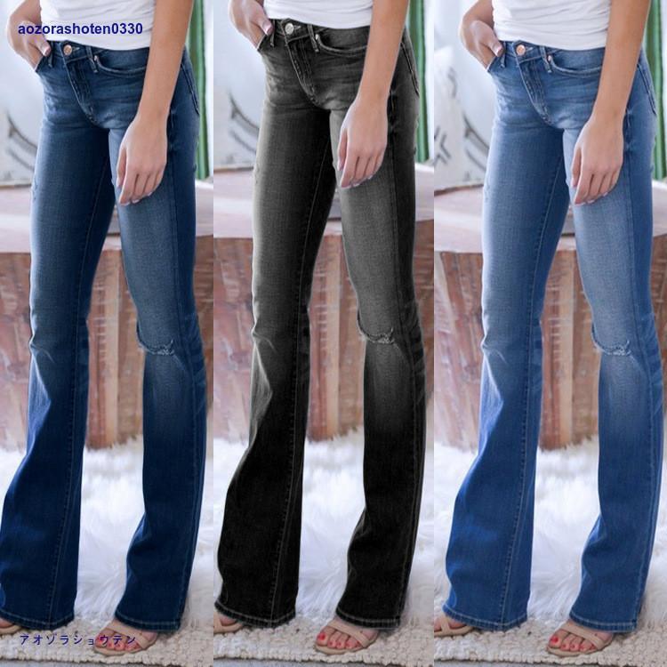 Boot Cut Jeans - パンツ デニム ジーンズ フレアパンツロングパンツ ひざダメージ 破れ風ダメージデニムパンツ レディース ブーツカット