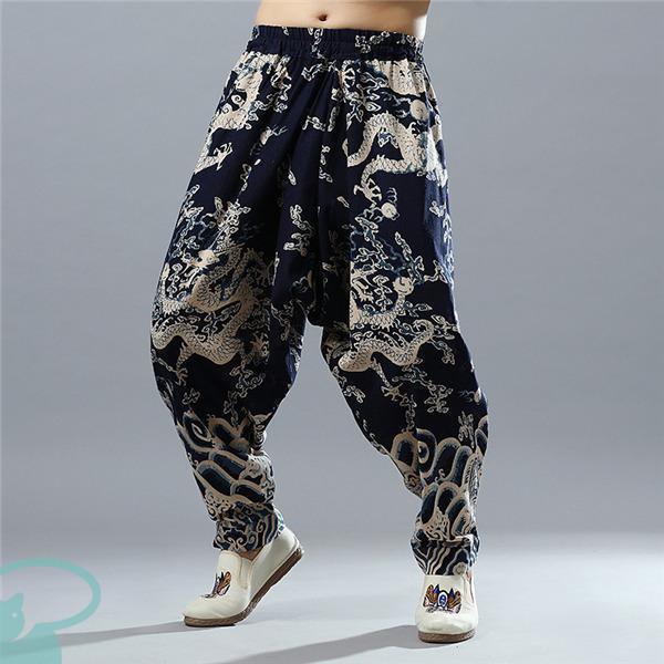 サルエルパンツ ワイドパンツ メンズ 龍柄 プリント ボトムス 無地 綿麻風 カジュアル ガウチョパンツ 薄手 快適 ゆったり 涼しい 大きいサイズ