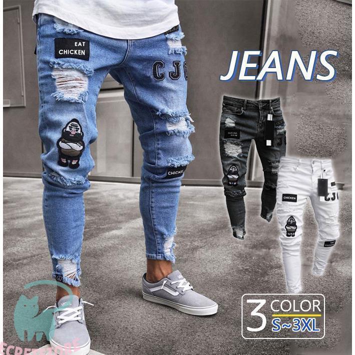 デニムパンツ メンズ スキニー パンツ ジーパン ダメージ加工 刺繍 カジュアル ロング丈 ジーンズ 薄手 大きいサイズ 新作 春夏秋