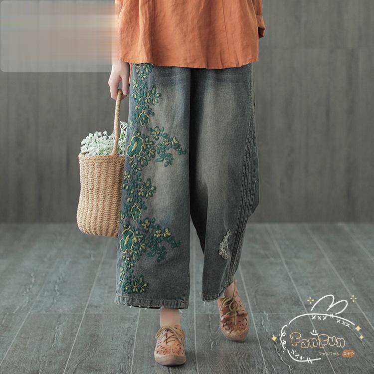 ロングパンツ レディース 秋 ジーンズ デニムパンツ 刺繍 ゆったりパンツ ワイドパンツ 着痩せ おしゃれ