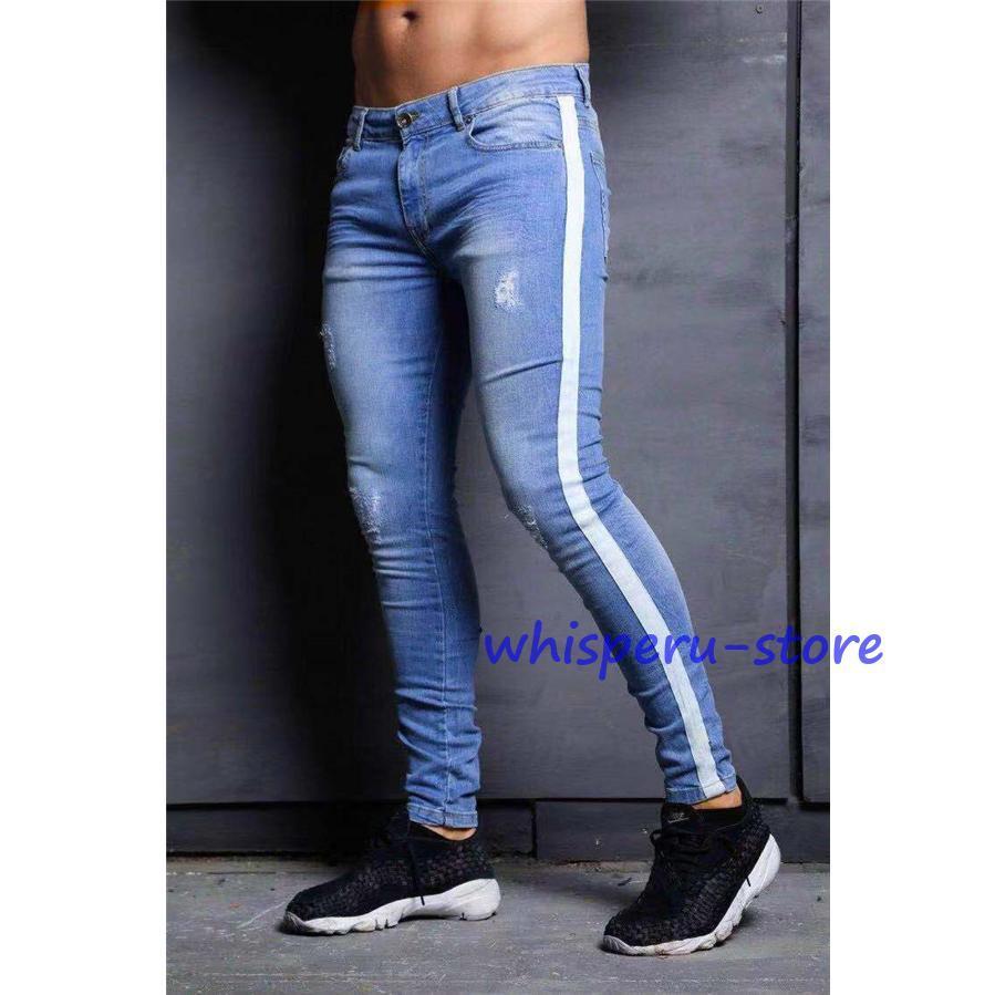 デニムパンツ ジーパン メンズ ジーンズ スキニーデニム 作業着 パンツ サイドライン ボトムス スリム ストレッチ 伸縮 ヴィンテージ テーパード