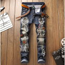 ジーンズ メンズ ボトムス デニムパンツ レトロ ダメージ加工 刺繍的 欧米風 カジュアル 大きいサイズ スリム(4)