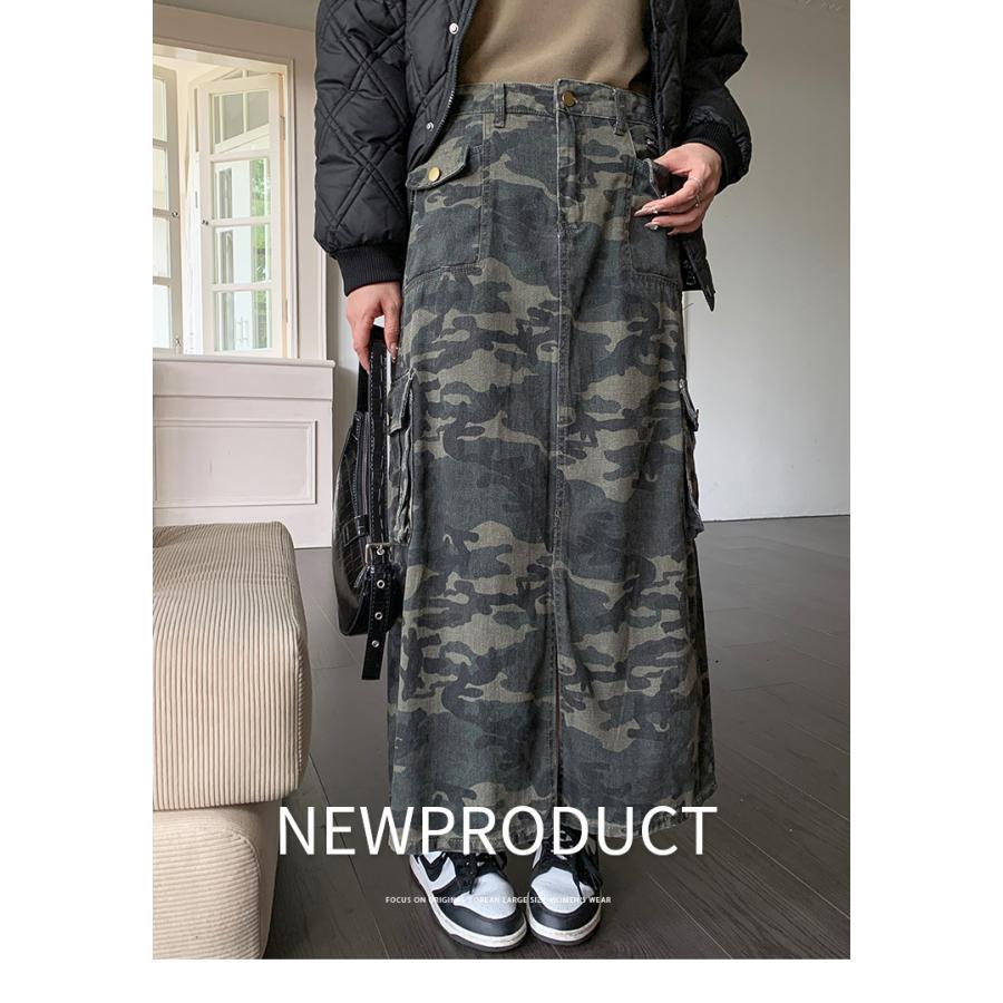 大きサイズ スカート ロングスカート 迷彩柄 綿コート タイトスカート ロング丈 マキシスカート カモフラージュ マキシ カーゴスカート 着痩せ バッ