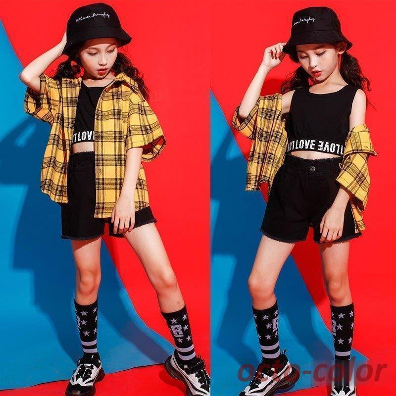 チェック ジャズダンス キッズ ダンス衣装 ヒップホップ 上下 セットアップ 子供 サルエルパンツ タンクトップ HIPHOP 演出服 長袖 ステージ衣装 練習...