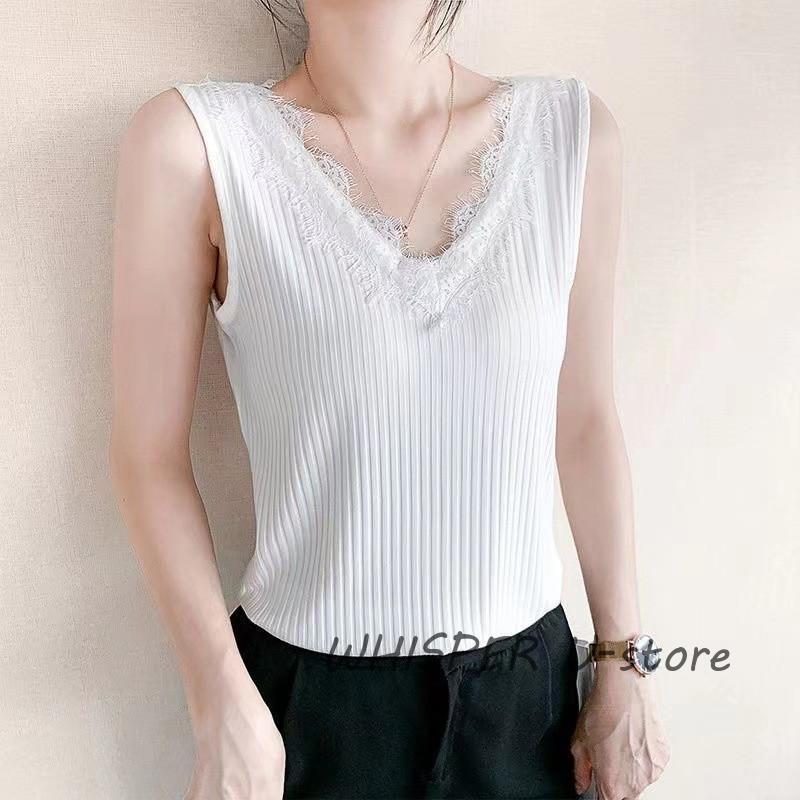 タンクトップ レディース インナー Vネック リブタンク レース 下着 肌着 サマーニット ノースリーブ ストレッチ 着痩せ ゆったり 薄手 高級感