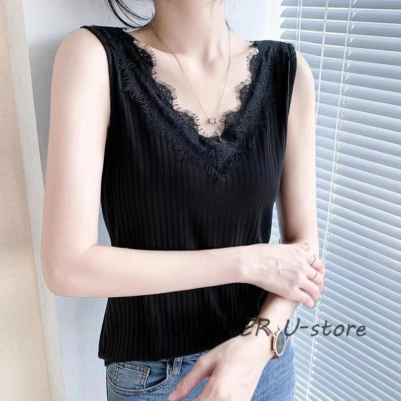 タンクトップ レディース インナー Vネック リブタンク レース 下着 肌着 サマーニット ノースリーブ ストレッチ 着痩せ ゆったり 薄手 高級感