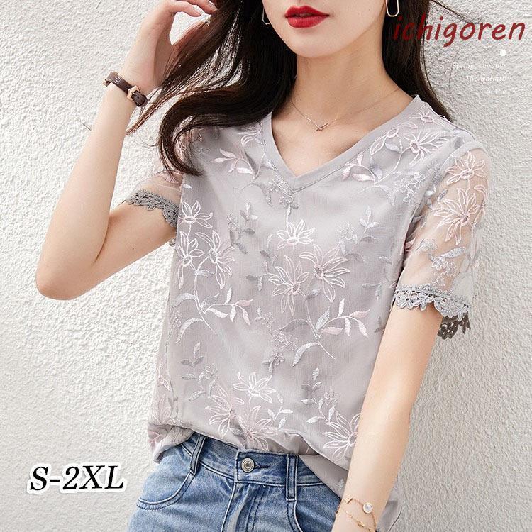 Short Sleeves - Tシャツ レディース 夏 オシャレブラウス レース刺繍Tシャツ 半袖トップス VネックTブラウス 大人 通勤 ゆったりTシャツ 韓国風 30代 40代 50代