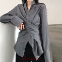トップス シャツ 変形シャツ ロング丈 袖あり 長袖 ドロップショルダー 襟付き スタンドカラー ワイド アシンメトリー 前開き 大人可愛い きれいめ シンプル