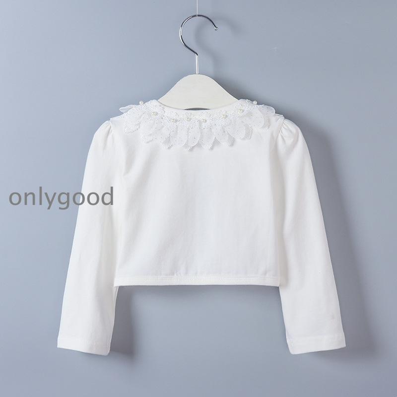 ボレロ カーディガン 羽織り ジャケット キッズ ジュニア 子供用 女の子 前開き 長袖 ボタン レース ギャザー フェイクパール 薄手 単色 フォー
