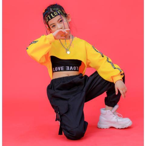 3点セット サルエルパンツ イエロー 長袖 ジャズダンス衣装 タンクトップ キッズ ダンス衣装 パンツ ヒップホップ 子供 ダンス ズボン 練習着 ガールズ