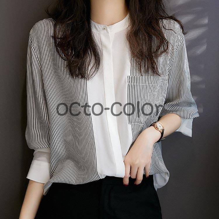 ブラウス レディース 春夏 シフォンシャツブラウス ボーダー柄 オフィス 切り替えブラウス シフォン オシャレトップス 韓国風 通勤 OL 大きいサイズ 上品(4)