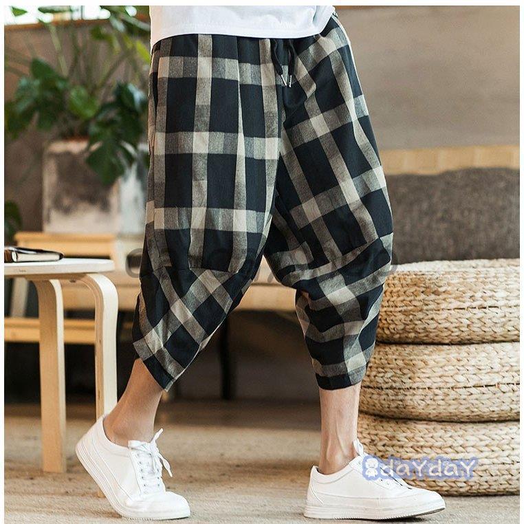 新作 メンズ ズボン ガウチョパンツ 七分丈パンツ カジュアル ハレムパンツ チェック柄 男性用 ゆったり ニッカボッカ 夏用 大きいサイズ オシャレ