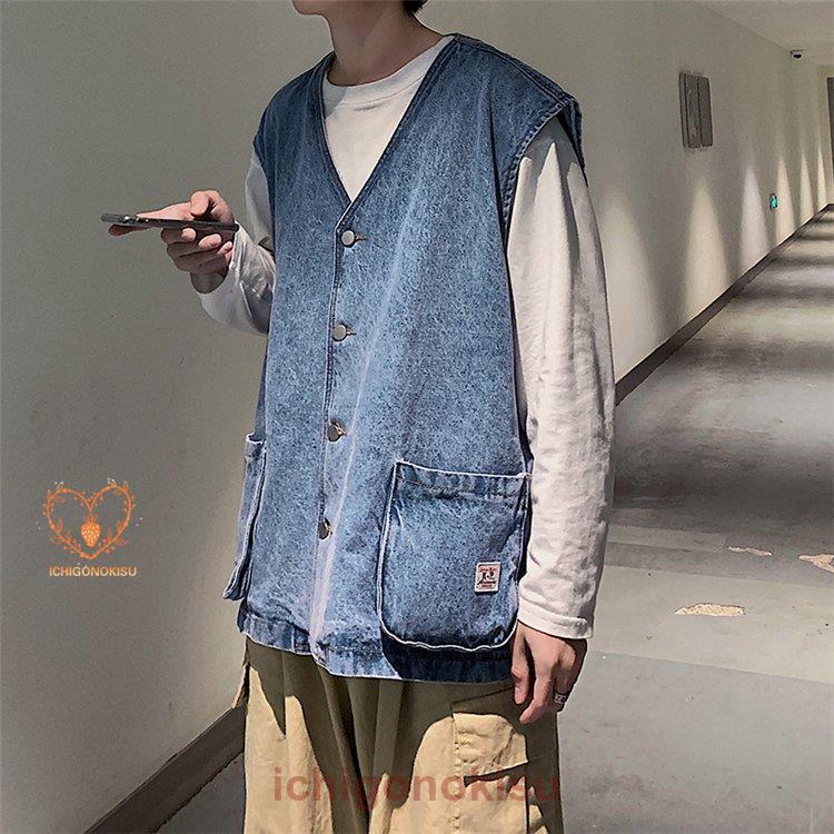 ベスト メンズ デニムベストアウター 前開き カジュアル vネック 袖なし ポケット付き 薄手 おしゃれ ..