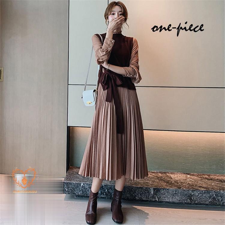 ロングワンピース プリーツ 女らしいワンピース 秋冬 ロングワンピース レディース 長袖 ニットワンピ マキシ丈 ニット プリーツワンピース セーター ゆったり