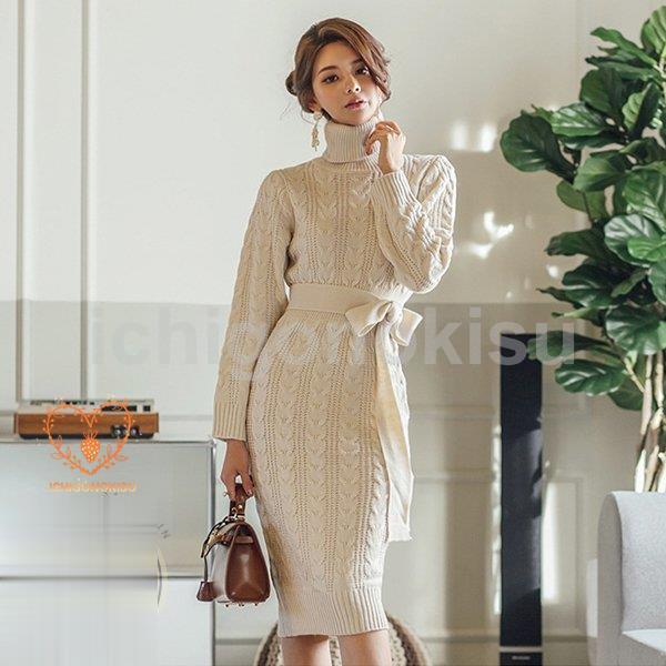 ニットワンピース レディース 秋冬 40代 20代 きれいめ 編み 長袖ワンピース タートルネック カットソ..