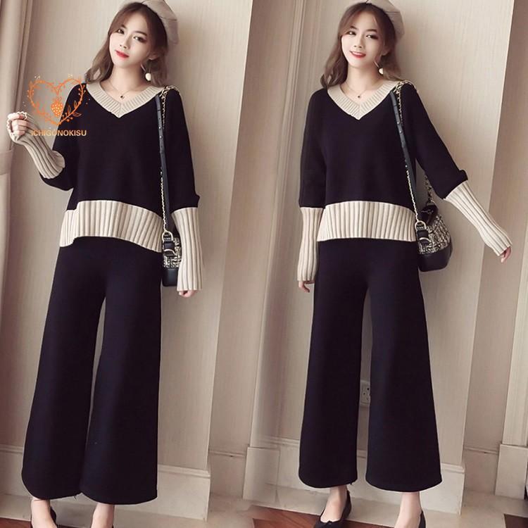 ニットセットアップ レディース ゆったり Vネックニットトップス ニット ワンとパンツ セットアップ 秋冬 配色セーター カジュアル 韓国風 オシャレ