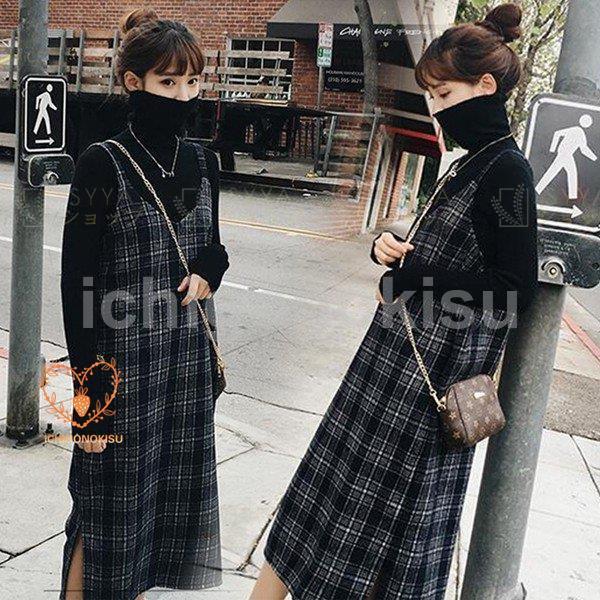 ワンピース レディース 40代 秋冬 マキシ丈ワンピース セットアップ チェック柄 ラシャ 長袖 ニットセーター ハイネック 通勤 上品 ワンピース ロング丈 着痩せ