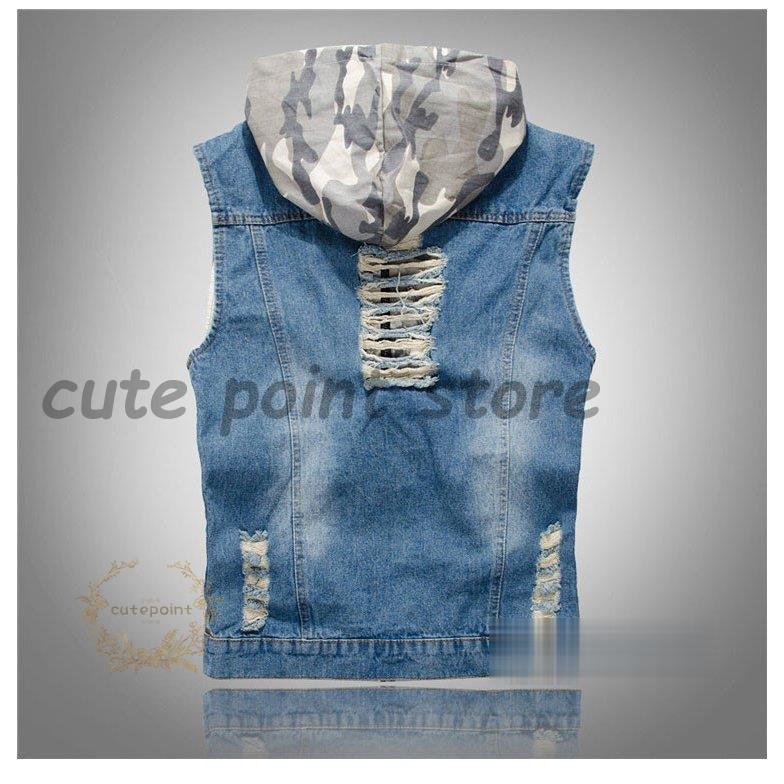 ベスト メンズ デニムベスト チョッキ ノースリーブジャケット 袖無し Gジャン ダメージ 細身 ベスト ダメージ加工 個性 フード付き 新作