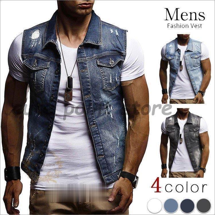 商品名ベスト メンズ デニムベスト ジレベスト チョッキ ノースリーブジャケット Gジャン 細身 カジュアルベスト ダメージ加工 新作 状態新品未使用実寸M:肩幅40cm、バスト104cm、着丈64cmL:肩幅41cm、バスト110cm、着丈66cmXL:肩幅42cm、バスト116cm、着丈68cmXXL:肩幅43cm、バスト122cm、着丈70cm※平置き実寸で作ったサイズ表と素材の特性は商品と採寸する場所によって1cm-3cm程度の誤差がある場合がありますので、 ご了承ください。素材デニムカラーダークブルー/ライトブルー/グレー/ホワイト適応シーズン 春 秋素材感 伸縮性…無い 透け感…無い 生地の厚み…普通 着心地…ややタイト 肌触り…普通