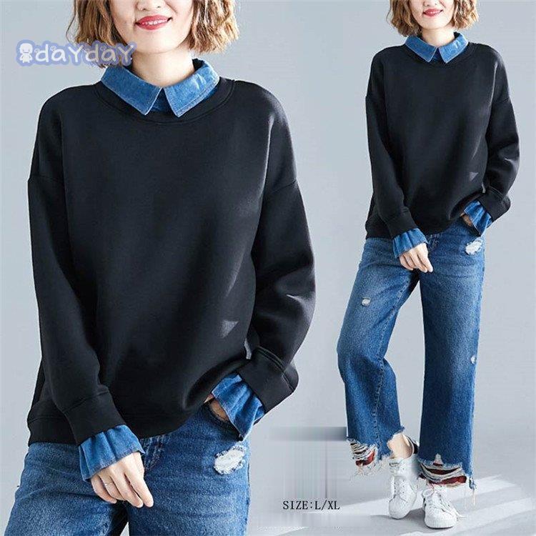 樂天商城 - tシャツ 長袖tシャツ トップス プルオーバー レディース 2色スプライス 折り襟 スプライス 無地 フレア コーデ 体型カバー ゆったり シンプル ウエア 秋 30代