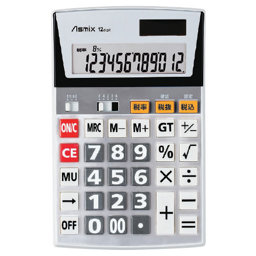 【イージャパンモール】 必ず2通目のメールをご確認ください。※商品はご注文（ご決済）後、2-3営業日で発送（土・日・祝日除く）となります。※配送業者と契約がないため、送付先が北海道・沖縄・離島の場合キャンセルとさせていただきます。※発送予定日は、在庫がある場合の予定日となります。 ※在庫がない場合には、キャンセルとさせて頂きます。 ※納期が遅れます場合には改めてご連絡させて頂きます。※商品の写真はイメージです。 ※お手元に届く商品は、商品名に記載してある色・柄・型番の商品が届きます。 　ご注文のキャンセルおよびご返品がお承りできない商品となるため、ご注文の際には必ずご確認ください。 ※本商品はのし・ラッピング包装はお承りできない商品となります。一目でわかる税率表示 サイズ/奥行174×幅108×高さ29mm 重量/約138g 電源/太陽電池+ボタン電池【メーカー・製造または販売元】アスカ【広告文責】株式会社イージャパンアンドカンパニーズ 072-875-6666《ご注意ください》 ※本商品はキャンセル・返品・交換不可の商品です。 ※商品の性質上、返品・交換・キャンセルはお受けできません。 　不良品、内容相違、破損、損傷の場合は良品と交換いたします。 　但し、商品到着から3日以内にご連絡をいただけない場合、交換いたしかねますのでご注意ください。 ※商品がリニューアルしている場合、リニューアル後の商品にてお届けとなる場合がございます。[関連キーワード：文具 事務用品]