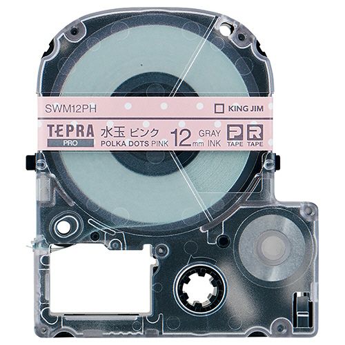 テプラ　PRO　テープカートリッジ　模様ラベル　12mm　水玉ピンク／グレー文字　1個