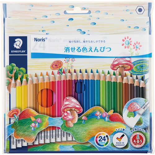 【イージャパンモール】【返品・交換・キャンセル不可】 必ず2通目のメールをご確認ください。 ※本商品は熨斗・包装（ラッピング）はお承り出来ない商品となります。※商品はご注文（ご決済）後、2-5営業日で発送（土・日・祝日除く）となります。※配送業者と契約がないため、送付先が北海道・沖縄・離島の場合キャンセルとさせていただきます。※発送予定日は、在庫がある場合の予定日となります。 ※在庫がない場合には、キャンセルとさせて頂きます。 ※納期が遅れます場合には改めてご連絡させて頂きます。※本商品はメーカー取り寄せ商品となります。 流動在庫となりますためお手配時に在庫がない場合はキャンセルとさせていただきます。 在庫と納期のご確認が必要な場合は事前にお問い合わせください。 ※ご注文確定後でのキャンセルやお届け先の変更等はお承りできませんのでご注意ください。 また、交換・返品はお承りできません。 ※商品のお写真はイメージ画像です。概要 消しゴムで消せる「色鉛筆」 商品説明 ●ヨーロッパ安全基準・EN71に基づいて作られた安全性の高い六角軸色鉛筆の24色セットです。●A・B・S（芯折れ防止加工）で芯が折れにくくなっているのが特徴。描いた部分を字消しで消すことができるので、軸尾には簡易タイプの字消しを装着しています。 仕様 色 24色 セット内容 しろ、レモンいろ、きいろ、うすだいだい、おうどいろ、やまぶきいろ、オレンジいろ、あか、あかむらさき、ワインいろ、べにいろ、むらさき、るりいろ、あお、あおみどり、みずいろ、きみどり、くさいろ、みどり、オリーブいろ、ちゃいろ、こげちゃいろ、はいいろ、くろ 材質 ケース：紙 重量 165g その他仕様 ●サイズ：205×205×10mm JANコード 4955414144160 【メーカー・製造または販売元】ステッドラー【広告文責】株式会社イージャパンアンドカンパニーズ 072-875-6666《ご注意ください》 ※本商品はキャンセル・返品・交換不可の商品です。 ※商品の性質上、返品・交換・キャンセルはお受けできません。 　不良品、内容相違、破損、損傷の場合は良品と交換いたします。 　但し、商品到着から3日以内にご連絡をいただけない場合、交換いたしかねますのでご注意ください。 ※商品がリニューアルしている場合、リニューアル後の商品をお届けします。[関連キーワード：文具・事務用品 筆記具 鉛筆 色鉛筆]