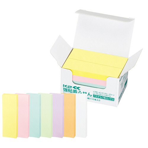 強粘着ふせん＜K2＞　75×25mm　パステルカラー7色　1パック(10冊)