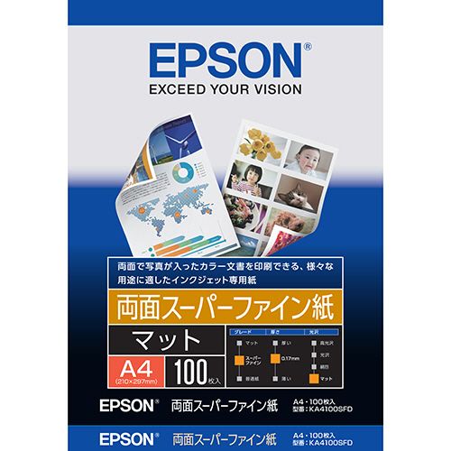 【代引不可】【イージャパンモール】【返品・交換・キャンセル・日時指定不可・法人（会社・企業）様限定】 必ず2通目のメールをご確認ください。 ※本商品は熨斗・包装（ラッピング）はお承り出来ない商品となります。 ※本商品はお届け先様名が法人（企業・会社）様宛ての場合のみお承りとなり、個人様宛てのご注文はお承りしておりませんので予めご了承くださいませ。 ※領収書につきましてはeメールにPDFファイルを添付してのご案内のみとなります。 ※本商品は【イージャパンショッピングモール】（イージャパンモール）の他の商品と同梱することは出来ません。※商品はご注文（ご決済）後、2-5営業日で発送（土・日・祝日除く）となります。※配送業者と契約がないため、送付先が沖縄・離島・一部地域の場合キャンセルとさせていただきます。※発送予定日は、在庫がある場合の予定日となります。 ※在庫がない場合には、キャンセルとさせて頂きます。 ※納期が遅れます場合には改めてご連絡させて頂きます。※本商品はメーカー取り寄せ商品となります。 流動在庫となりますためお手配時に在庫がない場合はキャンセルとさせていただきます。 在庫と納期のご確認が必要な場合は事前にお問い合わせください。 ※キャンセル・返品・交換・日時指定不可です。（平日のみのお届け） ※ご注文確定後でのお届け先の変更等はお承りできませんのでご注意ください。 ※本商品は法人（企業・会社）様限定商品となり、お届け先は「法人（企業・会社）様」に限ります。（個人様宛てへのお届けはお承りしておりません） 　お届け先に法人名が確認できる表札等がない場合、お届けをお承りすることができなくなっております。 　また、商品のお受取人様名に法人（企業・会社）様名をご記入いただけない場合もご注文をお承りできません。 ※置き配や宅配ボックスへの配送も承れませんので、お届け時にお留守でないようお願い致します。 ※沖縄・離島および一部地域へのお届けは出来ません。 ※商品のお写真はイメージ画像です。概要 マットタイプのインクジェットプリンタ専用紙 商品説明 ●両面のスーパーファイン紙。A4、100枚入です。 仕様 サイズ A4 寸法 210×297mm 紙質 マット紙 厚み 約0.17mm 印刷面 両面 対応インク 染料、顔料 その他仕様 ●マット紙タイプ JANコード 4988617310162 【メーカー・製造または販売元】エプソン【広告文責】株式会社イージャパンアンドカンパニーズ 072-875-6666《ご注意ください》 ※本商品はキャンセル・返品・交換・日時指定不可の商品です。 　不良品、内容相違、破損、損傷の場合は良品と交換いたします。 　但し、商品出荷より7日以上たった商品につきましては交換いたしかねますのでご注意ください。 ※商品がリニューアルしている場合、リニューアル後の商品をお届けします。 ※法人（企業・会社）様宛ての場合のみご注文をお承りしております。（個人様宛てへのお届けはお承りしておりません） 　配送の日時指定は出来ません。お届け時にお留守でないようお願い致します。[関連キーワード：OA・PC消耗品 プリンター用紙 インクジェットプリンター専用紙]