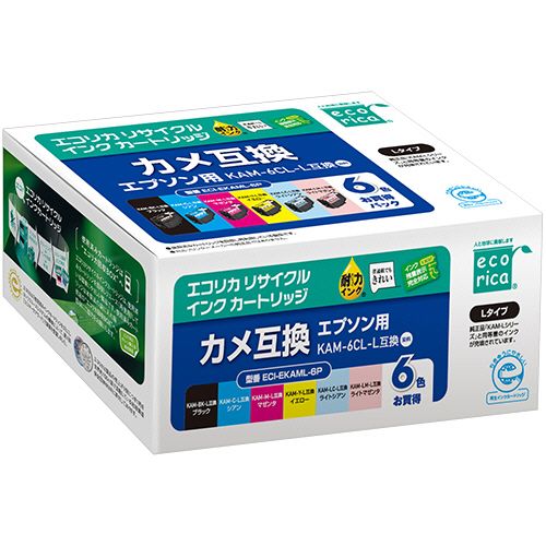 【代引不可】【イージャパンモール】【返品・交換・キャンセル・日時指定不可・法人（会社・企業）様限定】 必ず2通目のメールをご確認ください。 ※本商品は熨斗・包装（ラッピング）はお承り出来ない商品となります。 ※本商品はお届け先様名が法人（企業・会社）様宛ての場合のみお承りとなり、個人様宛てのご注文はお承りしておりませんので予めご了承くださいませ。 ※領収書につきましてはeメールにPDFファイルを添付してのご案内のみとなります。 ※本商品は【イージャパンショッピングモール】（イージャパンモール）の他の商品と同梱することは出来ません。※商品はご注文（ご決済）後、2-5営業日で発送（土・日・祝日除く）となります。※配送業者と契約がないため、送付先が沖縄・離島・一部地域の場合キャンセルとさせていただきます。※発送予定日は、在庫がある場合の予定日となります。 ※在庫がない場合には、キャンセルとさせて頂きます。 ※納期が遅れます場合には改めてご連絡させて頂きます。※本商品はメーカー取り寄せ商品となります。 流動在庫となりますためお手配時に在庫がない場合はキャンセルとさせていただきます。 在庫と納期のご確認が必要な場合は事前にお問い合わせください。 ※キャンセル・返品・交換・日時指定不可です。（平日のみのお届け） ※ご注文確定後でのお届け先の変更等はお承りできませんのでご注意ください。 ※本商品は法人（企業・会社）様限定商品となり、お届け先は「法人（企業・会社）様」に限ります。（個人様宛てへのお届けはお承りしておりません） 　お届け先に法人名が確認できる表札等がない場合、お届けをお承りすることができなくなっております。 　また、商品のお受取人様名に法人（企業・会社）様名をご記入いただけない場合もご注文をお承りできません。 ※置き配や宅配ボックスへの配送も承れませんので、お届け時にお留守でないようお願い致します。 ※沖縄・離島および一部地域へのお届けは出来ません。 ※商品のお写真はイメージ画像です。概要 リサイクルインク 商品説明 ●KAM-6CL-L互換（染料）リサイクルインクカートリッジです。 仕様 種類 リサイクルインク 色 6色 対象カートリッジ KAM-6CL-L 対応機種 EP-881AB、EP-881AN、EP-881AR、EP-881AW、EP-882AB、EP-882AR、EP-882AW、EP-883AB、EP-883AR、EP-883AW その他仕様 ●パック内容：ブラック、シアン、マゼンタ、イエロー、ライトシアン、ライトマゼンタ JANコード 4562451404333 環境商品 再生インクカートリッジエコマーク認定番号：20142004 【メーカー・製造または販売元】エコリカ【広告文責】株式会社イージャパンアンドカンパニーズ 072-875-6666《ご注意ください》 ※本商品はキャンセル・返品・交換・日時指定不可の商品です。 　不良品、内容相違、破損、損傷の場合は良品と交換いたします。 　但し、商品出荷より7日以上たった商品につきましては交換いたしかねますのでご注意ください。 ※商品がリニューアルしている場合、リニューアル後の商品をお届けします。 ※法人（企業・会社）様宛ての場合のみご注文をお承りしております。（個人様宛てへのお届けはお承りしておりません） 　配送の日時指定は出来ません。お届け時にお留守でないようお願い致します。[関連キーワード：OA・PC消耗品 プリンター用インクカートリッジ リサイクルインクカートリッジ]