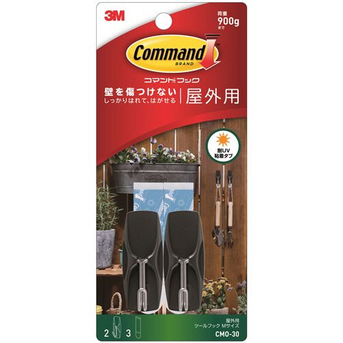 【イージャパンモール】【返品・交換・キャンセル不可】 必ず2通目のメールをご確認ください。 ※本商品は熨斗・包装（ラッピング）はお承り出来ない商品となります。※商品はご注文（ご決済）後、2-5営業日で発送（土・日・祝日除く）となります。※配送業者と契約がないため、送付先が北海道・沖縄・離島の場合キャンセルとさせていただきます。※発送予定日は、在庫がある場合の予定日となります。 ※在庫がない場合には、キャンセルとさせて頂きます。 ※納期が遅れます場合には改めてご連絡させて頂きます。※本商品はメーカー取り寄せ商品となります。 流動在庫となりますためお手配時に在庫がない場合はキャンセルとさせていただきます。 在庫と納期のご確認が必要な場合は事前にお問い合わせください。 ※ご注文確定後でのキャンセルやお届け先の変更等はお承りできませんのでご注意ください。 また、交換・返品はお承りできません。 ※商品のお写真はイメージ画像です。概要 屋外用に開発された「耐UV粘着タブ」で取り付けるフックです。 商品説明 ●ツールフックのMサイズです。●屋外での使用に耐え、しかも後を残さずきれいにはがせます。●強く接着できるのに、タブを引き伸ばすことでキレイにはがせます。●直射日光や雨の当たる屋外でも、しっかり接着。●フック本体も、さびや色あせに強い素材を使用。●はがしたフックは、粘着テープ（タブ）を取り替えて再利用できます。 仕様 取り付けタイプ 粘着 サイズ M 寸法 W55×D20×H22mm 色 ブラック 耐荷重 900g 材質 フック本体：スチロール樹脂・ステンレス鋼、タブ：ポリエチレン基材・シリコーン系接着剤 その他仕様 ●フック入数：フック2個、タブ（M）3枚●フック幅：5mm●接着時温度：10℃以上●使用温度範囲：-10〜50℃ JANコード 4550309021962 【メーカー・製造または販売元】3M【広告文責】株式会社イージャパンアンドカンパニーズ 072-875-6666《ご注意ください》 ※本商品はキャンセル・返品・交換不可の商品です。 ※商品の性質上、返品・交換・キャンセルはお受けできません。 　不良品、内容相違、破損、損傷の場合は良品と交換いたします。 　但し、商品到着から3日以内にご連絡をいただけない場合、交換いたしかねますのでご注意ください。 ※商品がリニューアルしている場合、リニューアル後の商品をお届けします。