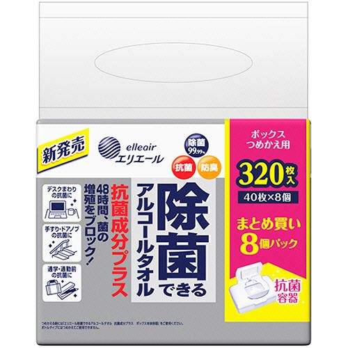 【代引不可】【イージャパンモール】【返品・交換・キャンセル・日時指定不可・法人（会社・企業）様限定】 必ず2通目のメールをご確認ください。 ※本商品は熨斗・包装（ラッピング）はお承り出来ない商品となります。 ※本商品はお届け先様名が法人（企業・会社）様宛ての場合のみお承りとなり、個人様宛てのご注文はお承りしておりませんので予めご了承くださいませ。 ※領収書につきましてはeメールにPDFファイルを添付してのご案内のみとなります。 ※本商品は【イージャパンショッピングモール】（イージャパンモール）の他の商品と同梱することは出来ません。※商品はご注文（ご決済）後、2-5営業日で発送（土・日・祝日除く）となります。※配送業者と契約がないため、送付先が沖縄・離島・一部地域の場合キャンセルとさせていただきます。※発送予定日は、在庫がある場合の予定日となります。 ※在庫がない場合には、キャンセルとさせて頂きます。 ※納期が遅れます場合には改めてご連絡させて頂きます。※キャンセル・返品・交換・日時指定不可です。（平日のみのお届け） ※ご注文確定後でのお届け先の変更等はお承りできませんのでご注意ください。 ※本商品は法人（企業・会社）様限定商品となり、お届け先は「法人（企業・会社）様」に限ります。（個人様宛てへのお届けはお承りしておりません） 　お届け先に法人名が確認できる表札等がない場合、お届けをお承りすることができなくなっております。 　また、住所または商品のお受取人様名に法人（企業・会社）様名をご記入いただけない場合もご注文をお承りできません。 ※再配達ならびに宅配ボックスへの投函は出来ませんので、お届け時にお留守でないようお願い致します。 ※沖縄・離島および一部地域へのお届けは出来ません。 ※商品のお写真はイメージ画像です。概要 【アルコール配合】48時間、菌の増殖をブロック 商品説明 ●片手で使いやすいボックスタイプのつめかえ用、8個×4パックセットです。●大王製紙独自のトリプル処方。「除菌」「抗菌」「防臭」機能付き。●抗菌成分として自然由来のグレープフルーツ種子抽出エキスとユーカリ葉エキスを配合。●48時間菌の増殖を防ぎ、ニオイの元になる汚れを除去します。●経済的なつめかえ用。●デスクまわりの抗菌に。●手すり・ドアノブの抗菌に。●通学・通勤前の抗菌に。 タイプ 詰替 シートサイズ 140×185mm 成分 エタノール、水、PG、ポリオキシエチレンアルキルアミン、塩化ベンザルコニウム、グレープフルーツ種子抽出エキス、ユーカリ葉エキス、BG、アロエエキス、ポリアミノプロピルビグアニド、グリシン、塩化Na、水酸化Na 生産国 日本 備考 ※全ての菌を除菌・抗菌できるわけではありません。 シリーズ名 エリエール JANコード 4902011831818 【メーカー・製造または販売元】大王製紙【広告文責】株式会社イージャパンアンドカンパニーズ 072-875-6666《ご注意ください》 ※本商品はキャンセル・返品・交換・日時指定不可の商品です。 　不良品、内容相違、破損、損傷の場合は良品と交換いたします。 　但し、商品出荷より7日以上たった商品につきましては交換いたしかねますのでご注意ください。 ※商品がリニューアルしている場合、リニューアル後の商品をお届けします。 ※法人（企業・会社）様宛ての場合のみご注文をお承りしております。（個人様宛てへのお届けはお承りしておりません） 　配送の日時指定は出来ません。お届け時にお留守でないようお願い致します。[関連キーワード：衣料・生活用品 日用品 ウエットティッシュ アルコール配合]