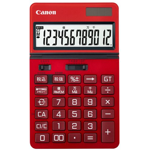 【イージャパンモール】【返品・交換・キャンセル不可】 必ず2通目のメールをご確認ください。 ※本商品は熨斗・包装（ラッピング）はお承り出来ない商品となります。※商品はご注文（ご決済）後、2-3営業日で発送（土・日・祝日除く）となります。※配送業者と契約がないため、送付先が北海道・沖縄の場合キャンセルとさせていただきます。※発送予定日は、在庫がある場合の予定日となります。 ※在庫がない場合には、キャンセルとさせて頂きます。 ※納期が遅れます場合には改めてご連絡させて頂きます。※ご注文確定後でのキャンセルやお届け先の変更等はお承りできませんのでご注意ください。 また、交換・返品はお承りできません。 ※商品のお写真はイメージ画像です。概要 多彩な機能に高いデザイン性を備えた、ハイパフォーマンスモデル。抗菌・抗ウイルス対応。 商品説明 ●見やすい大画面、押しやすいキータッチ。ビジネスでの使いやすさを追求した電卓、色はバーニングレッドです。●好きな角度に画面を調整できるチルト液晶タイプのビジネス電卓です。●千万単位/メモリー計算切り替え機能。●サイレントキー＆耐久性UVコーティング印刷。●大型表示＆早打ち対応の高耐久モデル。●抗菌/抗ウイルス。SIAAマーク取得。●先に押したキーから指が離れる前に次のキーを押しても入力を受け付ける高速入力3キーロールオーバー（早打ち機能）。●文字が大きく見やすい大型液晶。●大型吸着ラバーを底面に採用し、操作時の高い安定性を実現。 仕様 桁数 12桁 寸法 W109×D178×H16.3mm 質量 178g 色 バーニングレッド メモリー 2 機能 3キー早打ち、状態表示、千万単位、税計算 表示部 あり 電源 太陽電池＋内蔵電池（CR2016） 備考 ※重量は電池含む JANコード 4549292228809 環境商品 太陽電池による電力供給エコマーク認定番号：11135001 【メーカー・製造または販売元】CANON【広告文責】株式会社イージャパンアンドカンパニーズ 072-875-6666《ご注意ください》 ※本商品はキャンセル・返品・交換不可の商品です。 ※商品の性質上、返品・交換・キャンセルはお受けできません。 　不良品、内容相違、破損、損傷の場合は良品と交換いたします。 　但し、商品到着から3日以内にご連絡をいただけない場合、交換いたしかねますのでご注意ください。 ※商品がリニューアルしている場合、リニューアル後の商品をお届けします。[関連キーワード：事務機器・家電・電池　電卓　中型・小型]